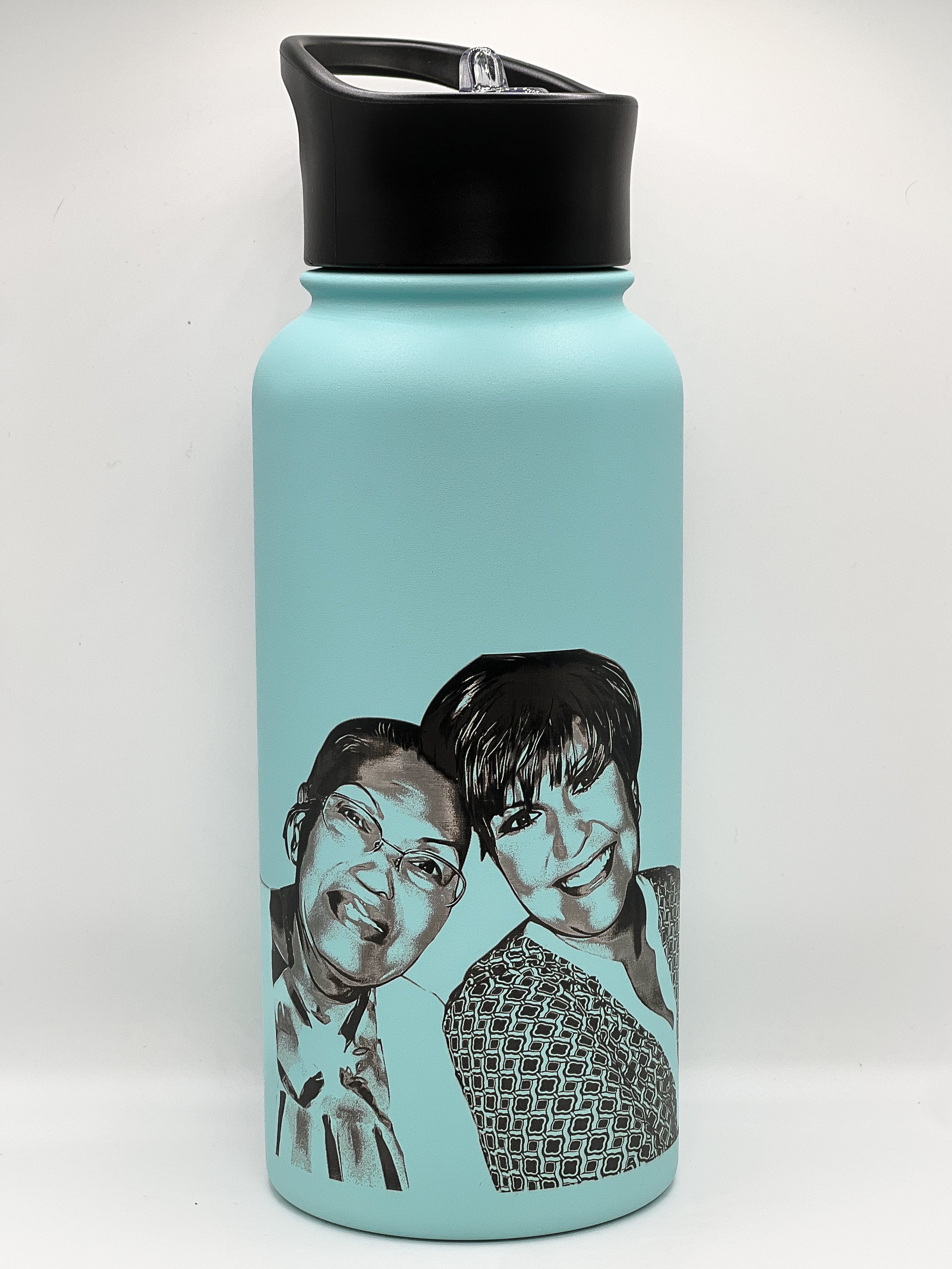 Laser Engraved Portraits on Insulated Water Bottle 32 oz with Straw Lid & Wide Mouth Lids